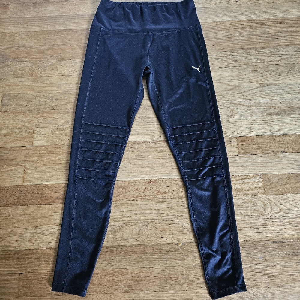 Puma Black Skinny Cropped Athletic Legging Pants Gold Logo Women's Size Medium